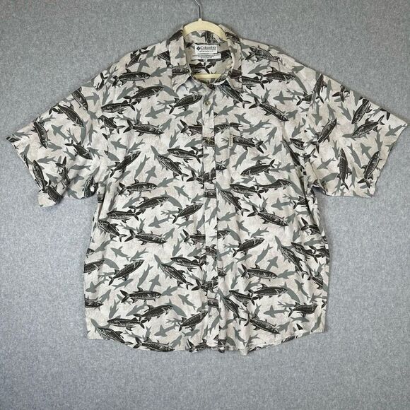 columbia hawaiian mens button down short sleeve fish print XL flax - Picture 1 of 7